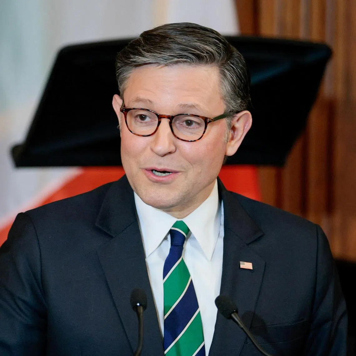 FILE PHOTO: U.S. House Speaker Mike Johnson (R-LA) speaks during the annual Friends of Ireland Luncheon at the U.S. Capitol  in Washington, D.C., U.S., March 17, 2026. REUTERS/Evan Vucci/ File Photo