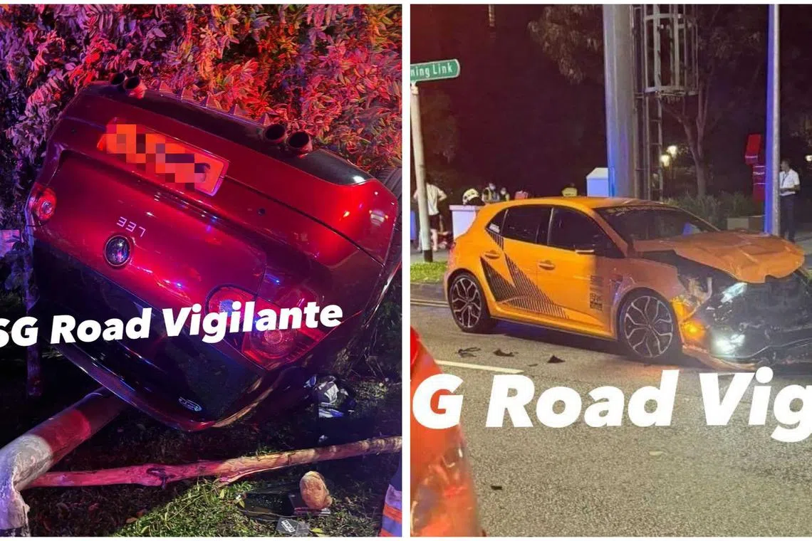 Photos posted on the SG Road Vigilante Facebook page showed a red car that flipped over and a heavily damaged yellow car.