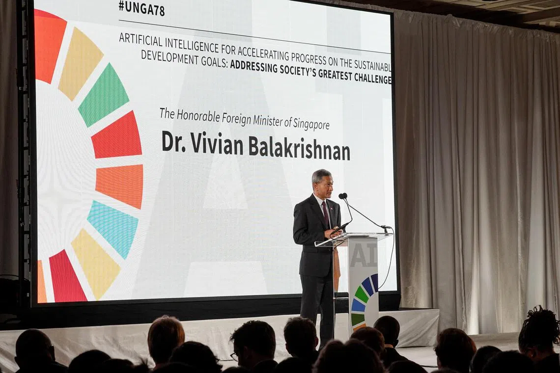 Minister for Foreign Affairs Vivian Balakrishnan speaking about AI at an event on the sidelines of the 78th United Nations General Assembly on 18 Sept 2023.