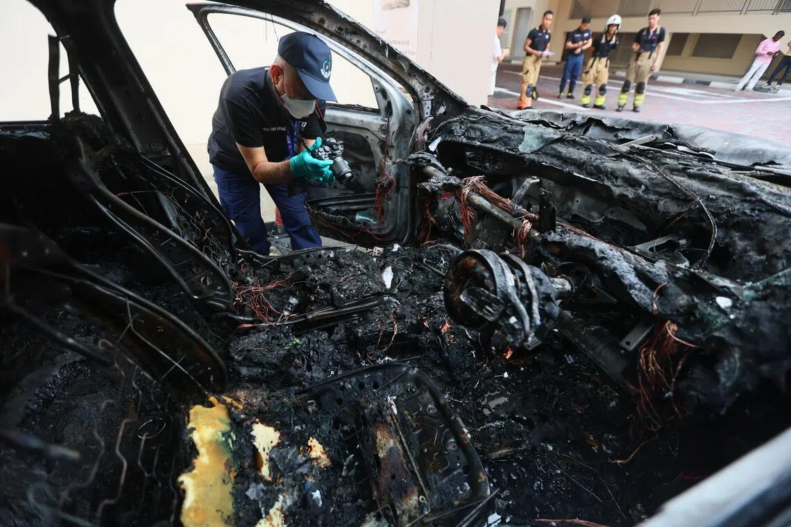 The vehicle’s interior was badly damaged by the fire.
