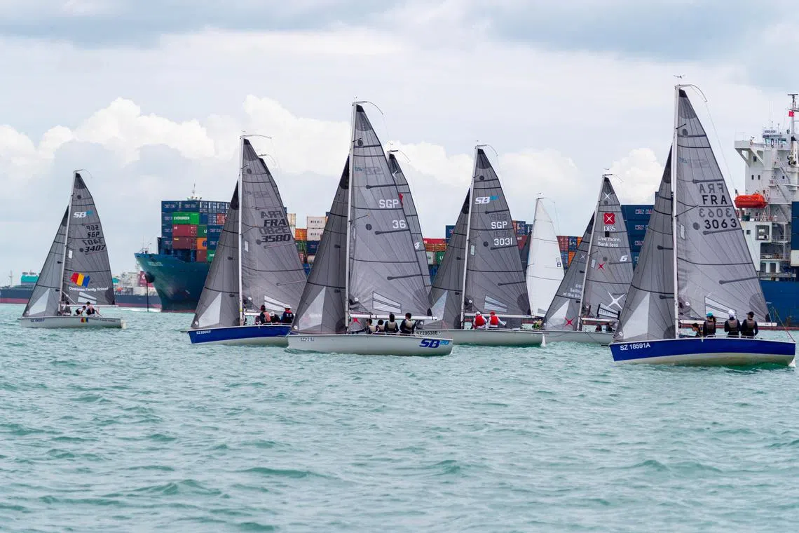 Sailors in action at ONE°15 Marina Sentosa Cove Singapore on Jan 27, 2022, for the Jan 26-29 SB20 Asian Grand Slam and Asia Pacific Championships.