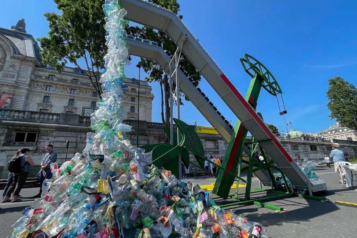 An art installation by artist Benjamin Von Wong on reducing plastic pollution, in Paris on May 27.