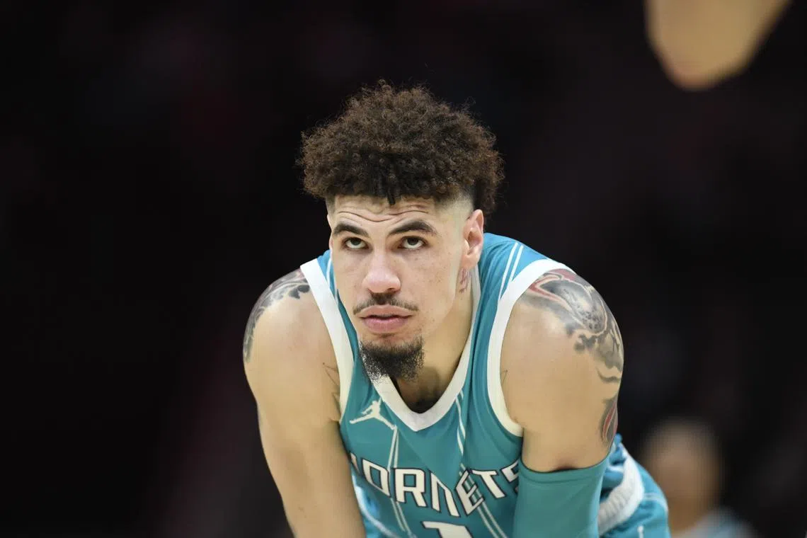 FILE PHOTO: Nov 21, 2024; Charlotte, North Carolina, USA;  Charlotte Hornets guard LaMelo Ball (1) watches a foul shot during the second half against the Detroit Pistons at the Spectrum Center. Sam Sharpe-Imagn Images/File Photo