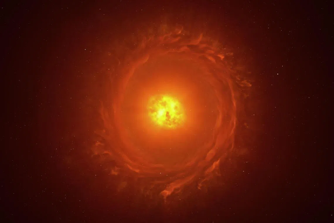 This image shows an artist’s impression of the star WOH G64, the first star outside our galaxy to be imaged in close-up.