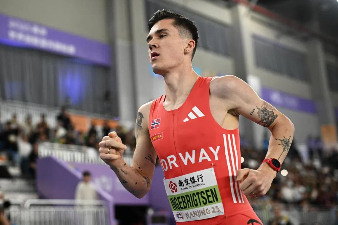 Norway's Jakob Ingebrigtsen in action during the men's 1500m heats at the World Indoor Athletics Championships in Nanjing, China, where he won two gold medals.