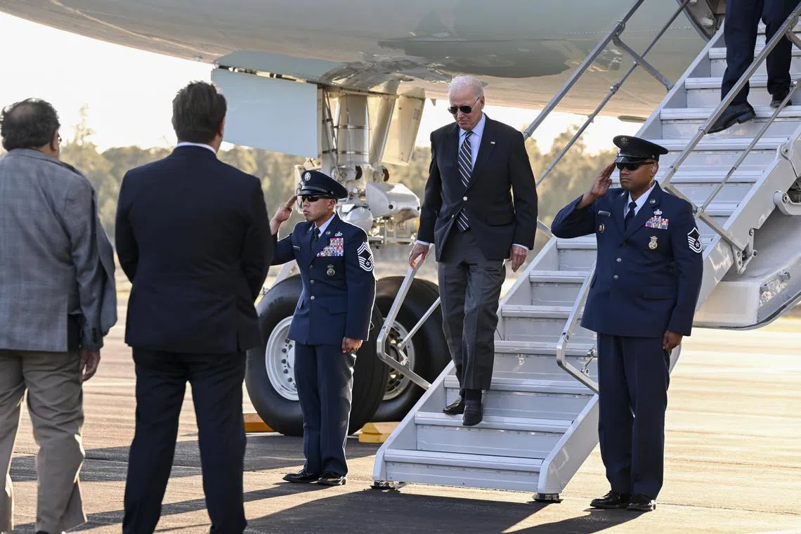 US President Joe Biden arrives at Grand Canyon National Park Airport in Arizona on Aug 7, 2023. Mr Biden on Wednesday signed an executive order banning American investments in key technology industries that could be used to enhance Beijing's military capabilities. 