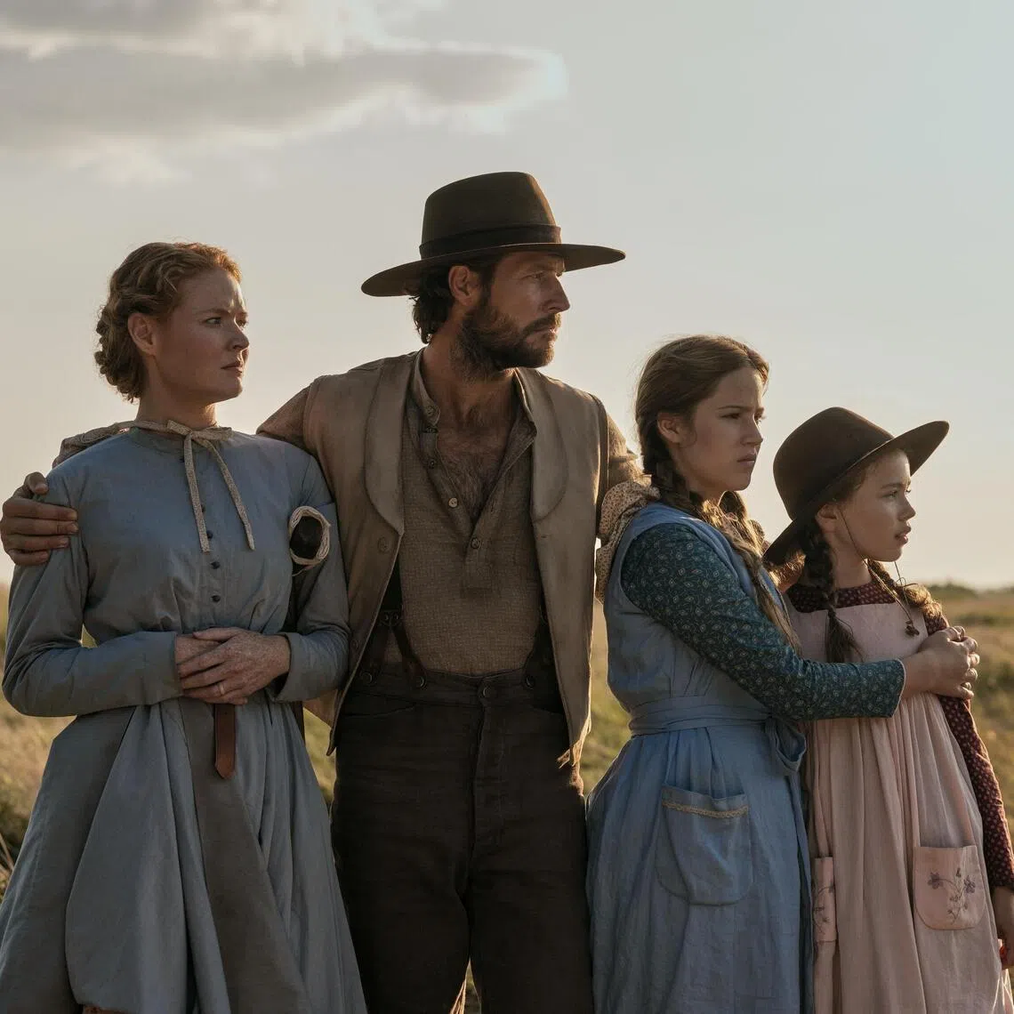 Little House On The Prairie stars (from left) Crosby Fitzgerald as Caroline Ingalls, Luke Bracey as Charles Ingalls, Skywalker Hughes as Mary Ingalls, Alice Halsey as Laura Ingalls.