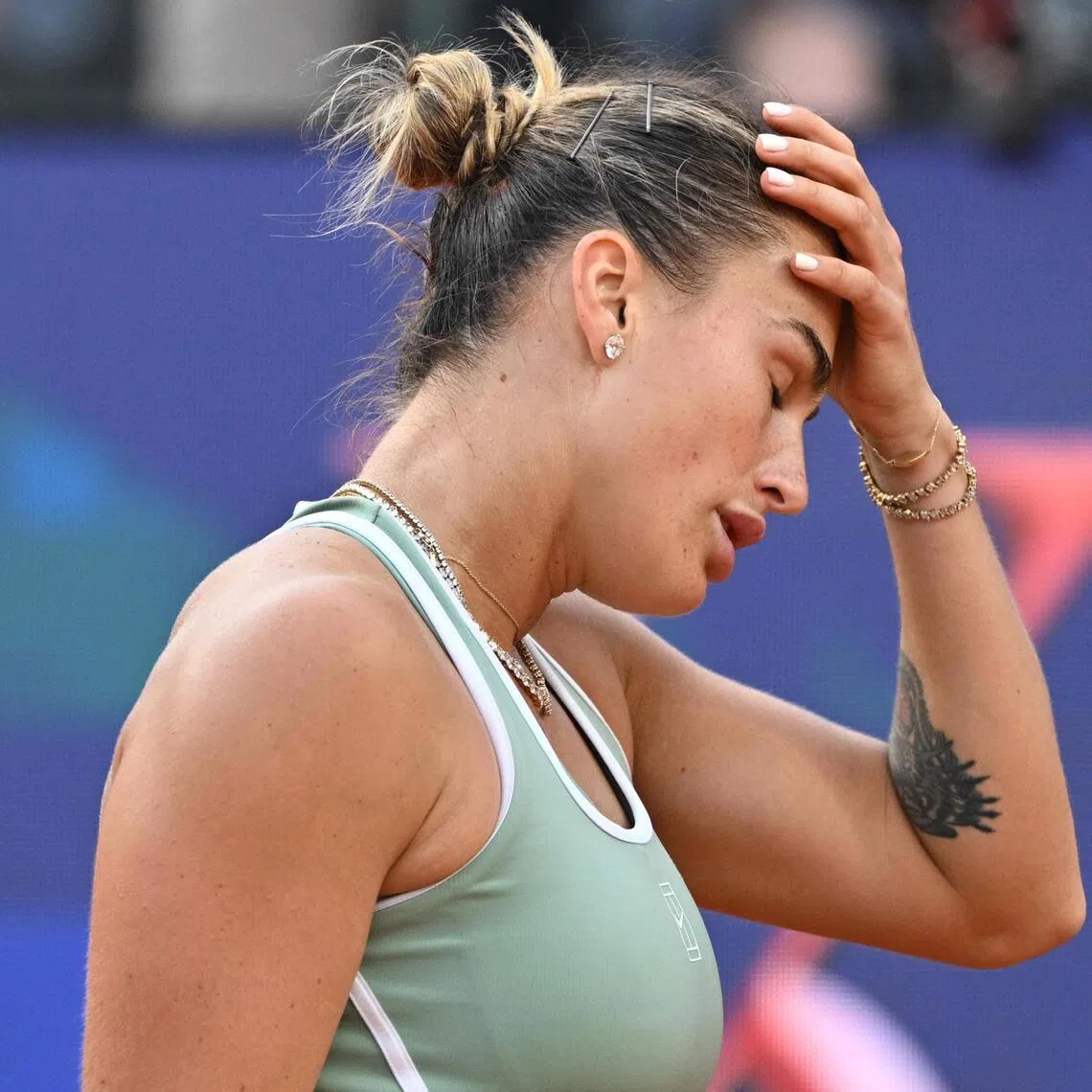 Belarus' Aryna Sabalenka reacts during her match against Romania's Sorana Cirstea on May 9.