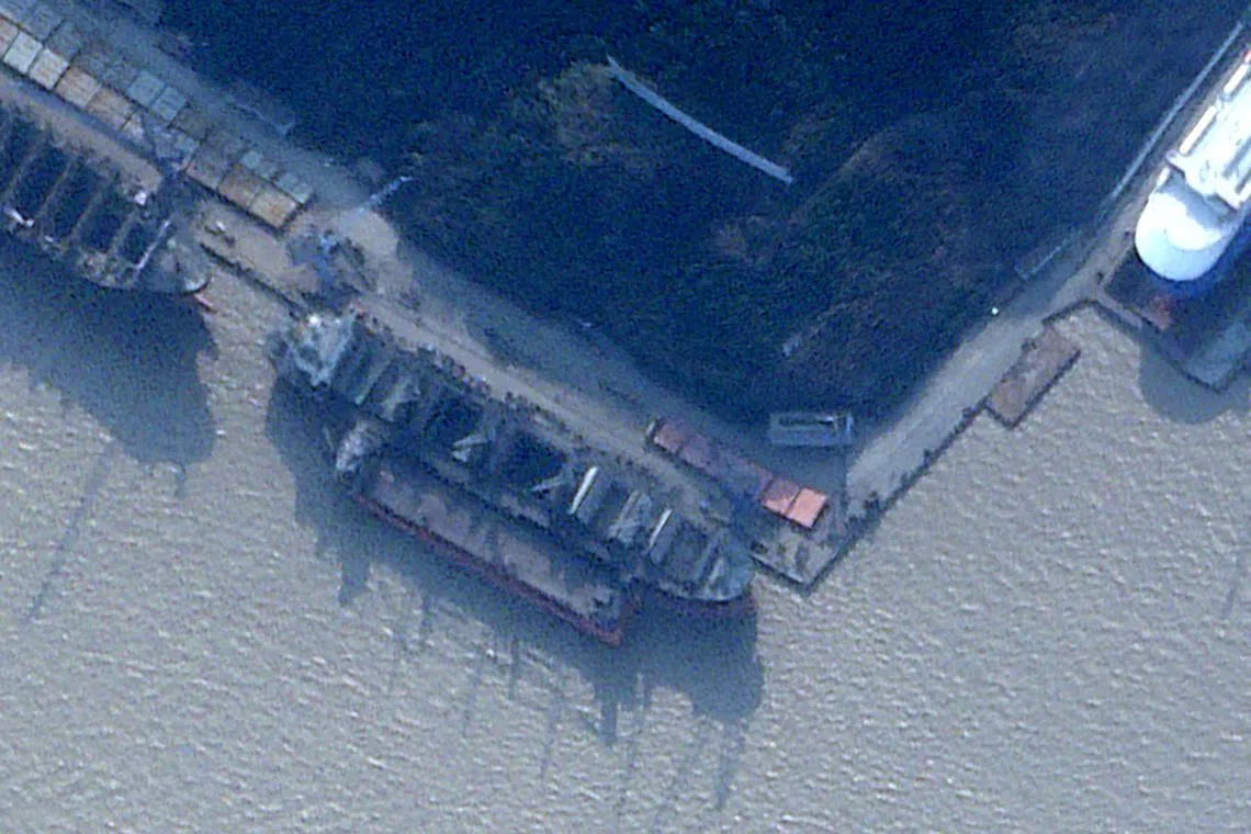 FILE PHOTO: A ship, identified by the Royal United Services Institute (RUSI) as the North Korean registered cargo ship Angara, is seen docked alongside a larger vessel at the Zhoushan Xinya Shipbuilding Co wharf in Zhoushan, China February 11, 2024 in a satellite image.  Planet Labs PBC/Handout via REUTERS/File Photo
