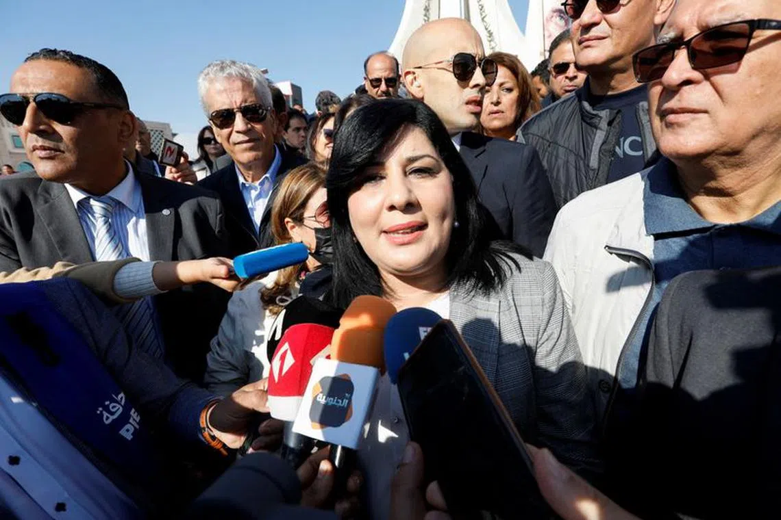 FILE PHOTO: President of Tunisia's Free Destourian Party Abir Moussi speaks to the media during a protest demanding the dissolution of parliament and asking for early legislative elections, in Tunis, Tunisia November 20, 2021. REUTERS/Zoubeir Souissi/File Photo