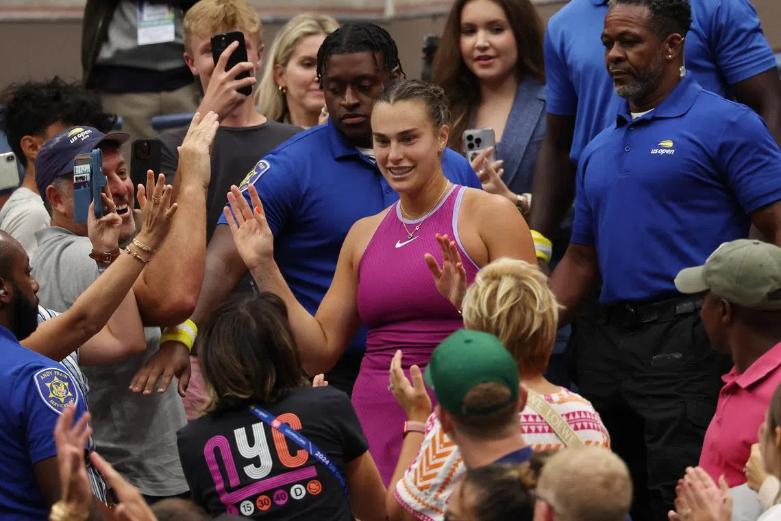 Tennis - U.S. Open - Flushing Meadows, New York, United States - September 7, 2024 Belarus' Aryna Sabalenka celebrates winning her final match against Jessica Pegula of the U.S. REUTERS/Mike Segar