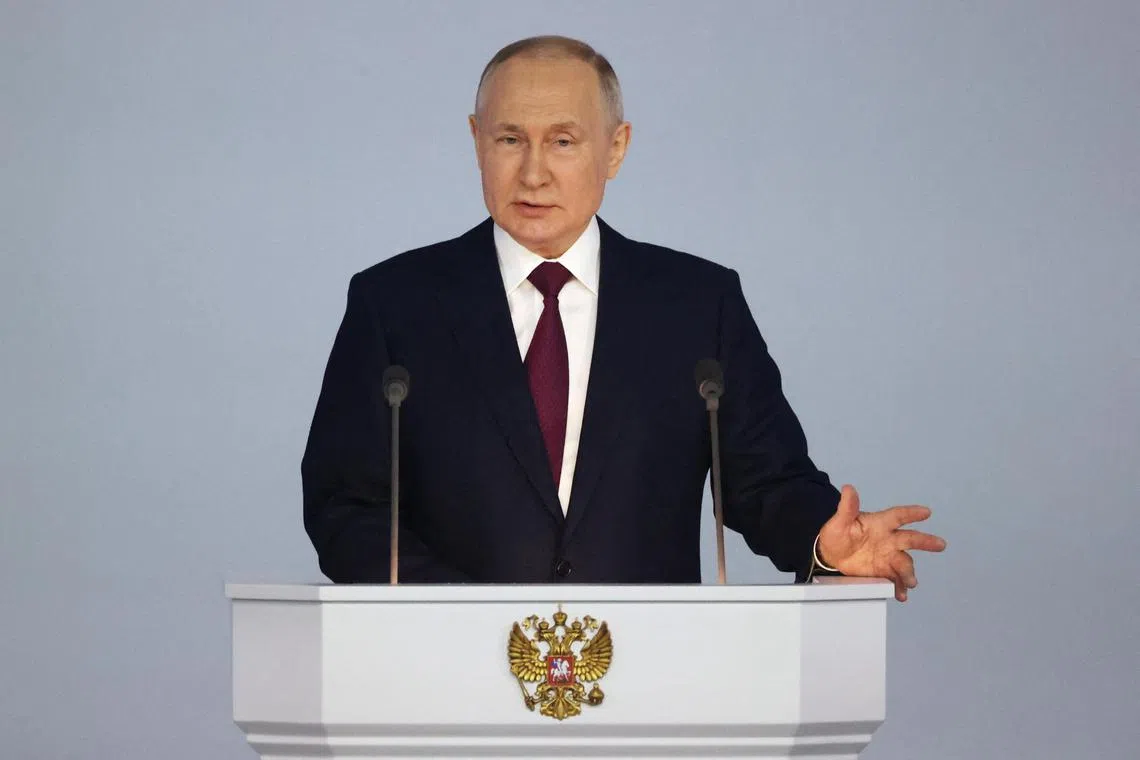 Russian President Vladimir Putin delivers his annual address to the Federal Assembly in Moscow, Russia, on Feb 21, 2023. 