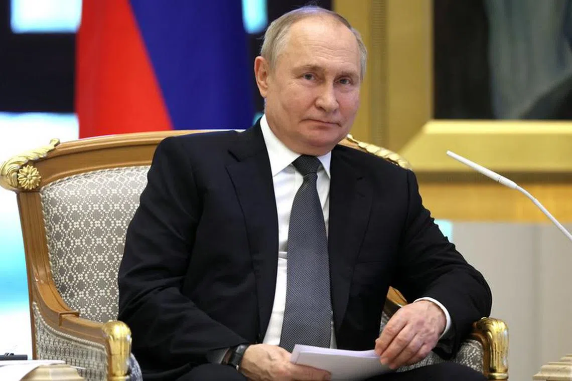 Russian President Vladimir Putin attends a meeting with President of the United Arab Emirates Sheikh Mohamed bin Zayed Al Nahyan at Qasr Al Watan in Abu Dhabi, United Arab Emirates December 6, 2023. Sputnik/Sergei Savostyanov/Pool via REUTERS