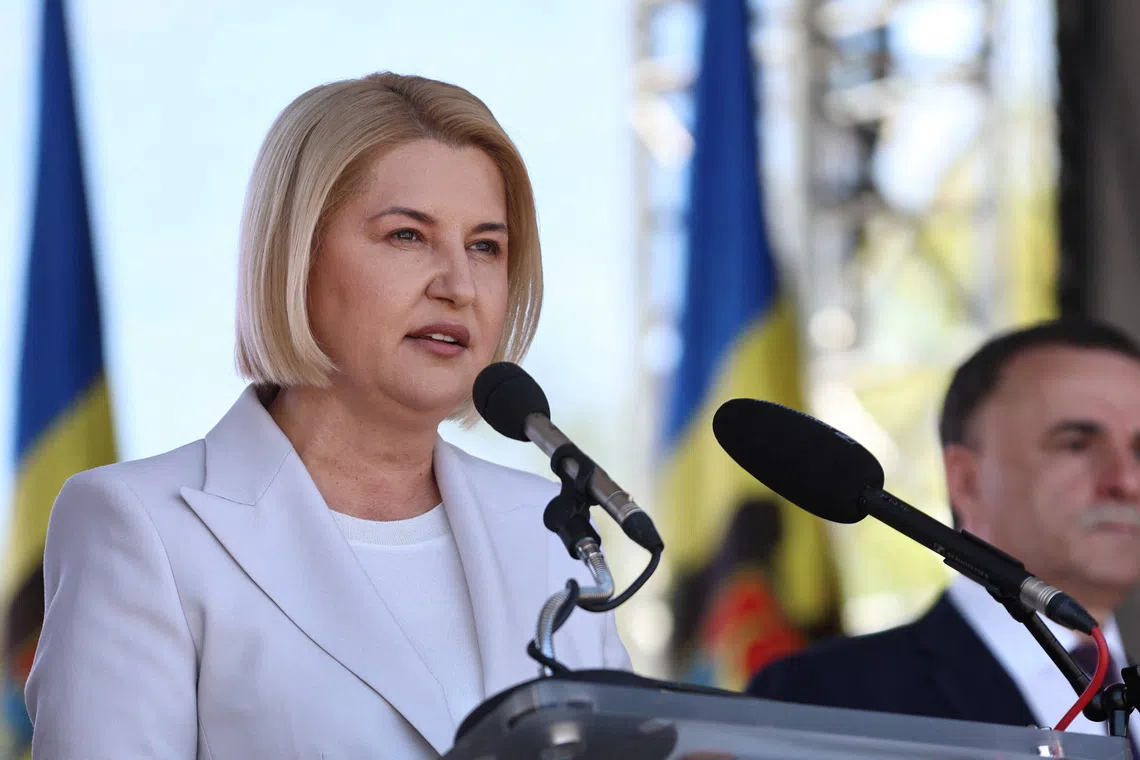 Irina Vlah, leader of the Heart of Moldova Republican Party and one of the leaders of the Patriotic Electoral Bloc, speaks during a rally launching the election campaign ahead of the parliamentary elections, at the Capriana Monastery in the village of Capriana, Moldova August 29, 2025. REUTERS/Vladislav Culiomza/File Photo