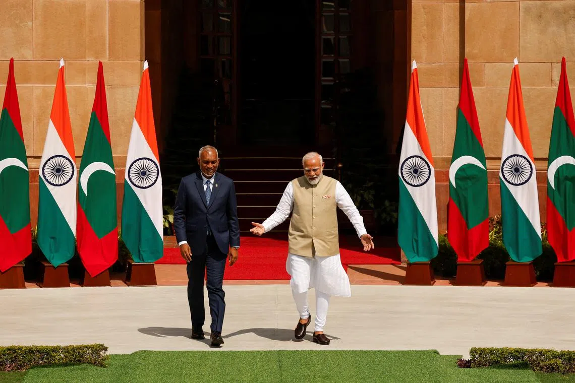 Maldives' President Mohamed Muizzu meets with Indian Prime Minister Narendra Modi at Hyderabad House, New Delhi, India, October 7, 2024. REUTERS/Adnan Abidi