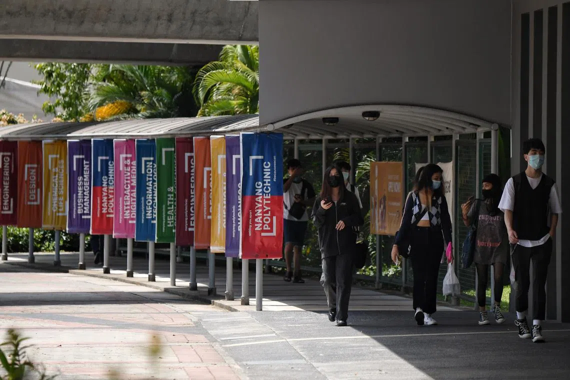 Tertiary students at Nanyang Polytechnic located along Ang Mo Kio Ave 8 on 4 Feb 2021.