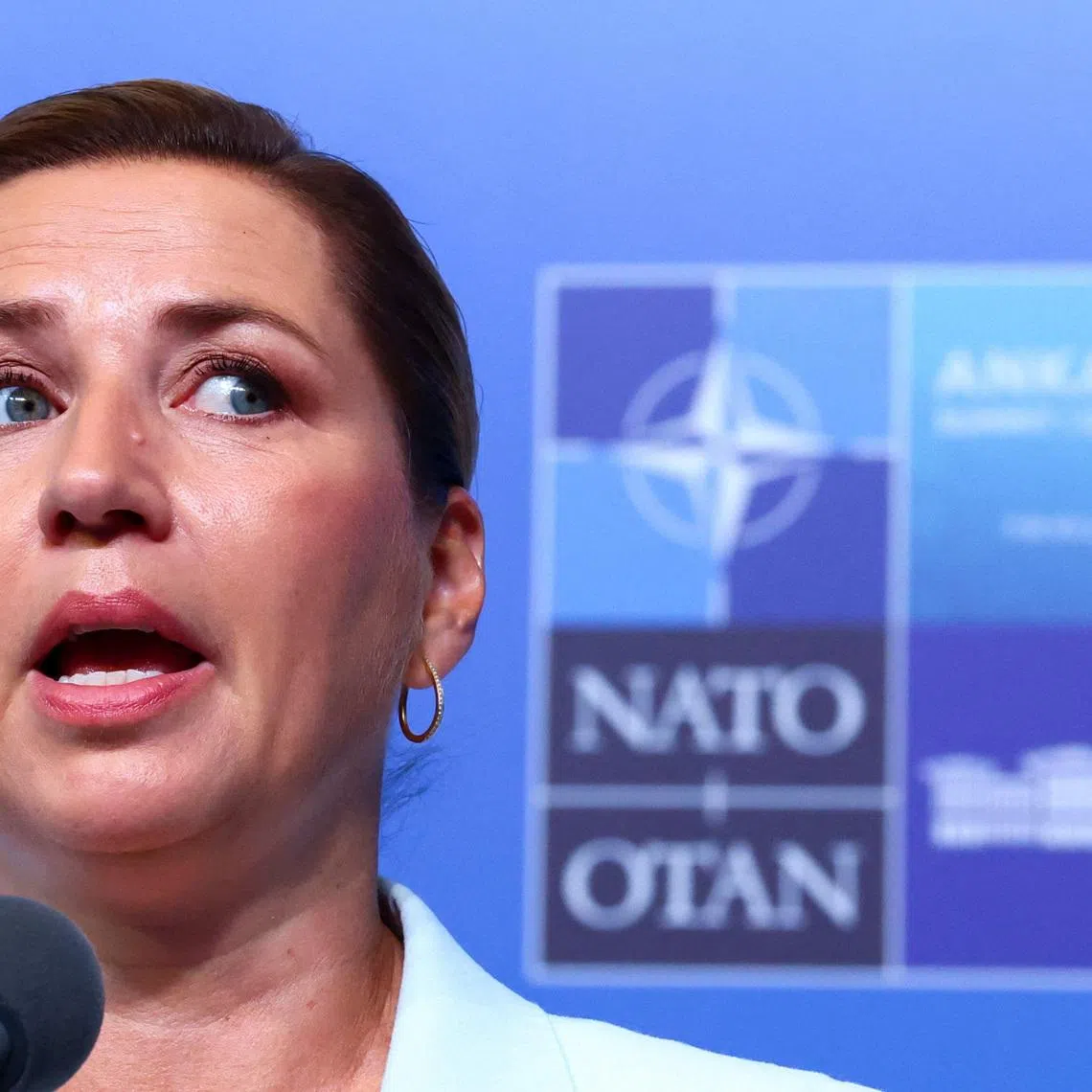 Denmark's Prime Minister Mette Frederiksen speaks during a doorstep at the NATO leaders' summit in Ankara, Turkey, July 8, 2026. REUTERS/Yves Herman