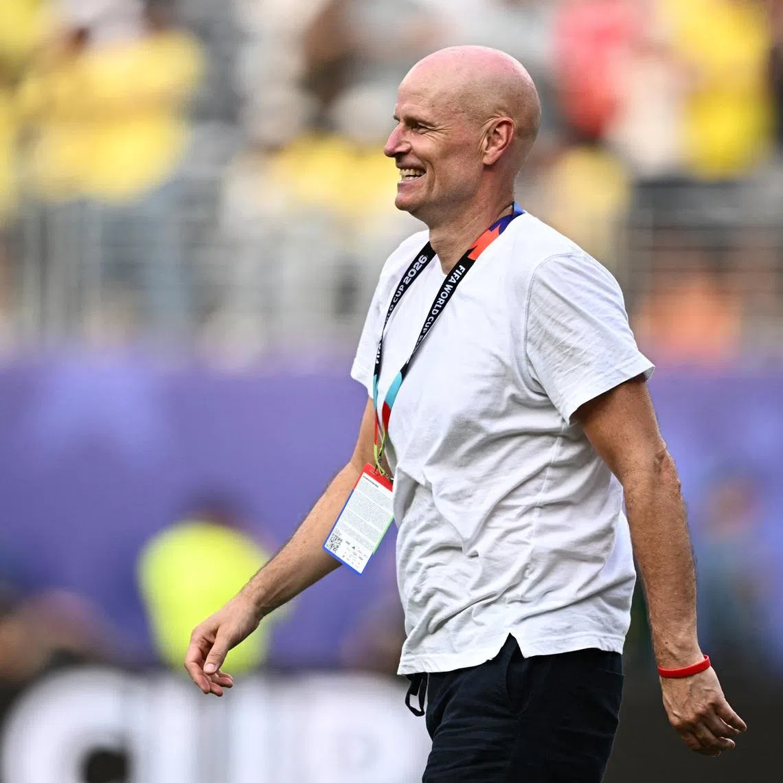 Soccer Football - FIFA World Cup 2026 - Round of 16 - Brazil v Norway - New York New Jersey Stadium, East Rutherford, New Jersey, U.S. - July 5, 2026 Norway coach Stale Solbakken celebrates after the match as Norway qualify for the quarter finals of the World Cup REUTERS/Dylan Martinez