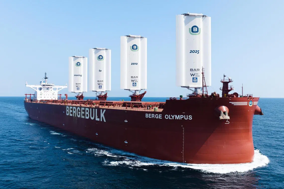The Berge Olympus retrofitted with four WindWings steel sails.

Credit: Berge Bulk