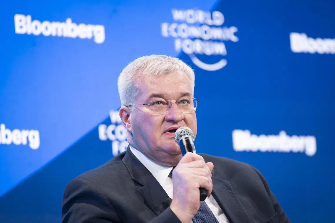 Ukrainian foreign minister Andrii Sybiha speaking at the World Economic Forum in Davos, Switzerland, on Jan 23.