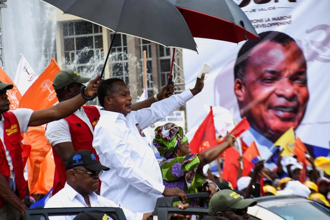 Republic of Congo President Denis Sassou Nguesso, who is running for re‑election, gestures during his final campaign rally ahead of the presidential election scheduled for March 15, in Brazzaville, Republic of Congo, March 13, 2026. REUTERS/Roch Bouka