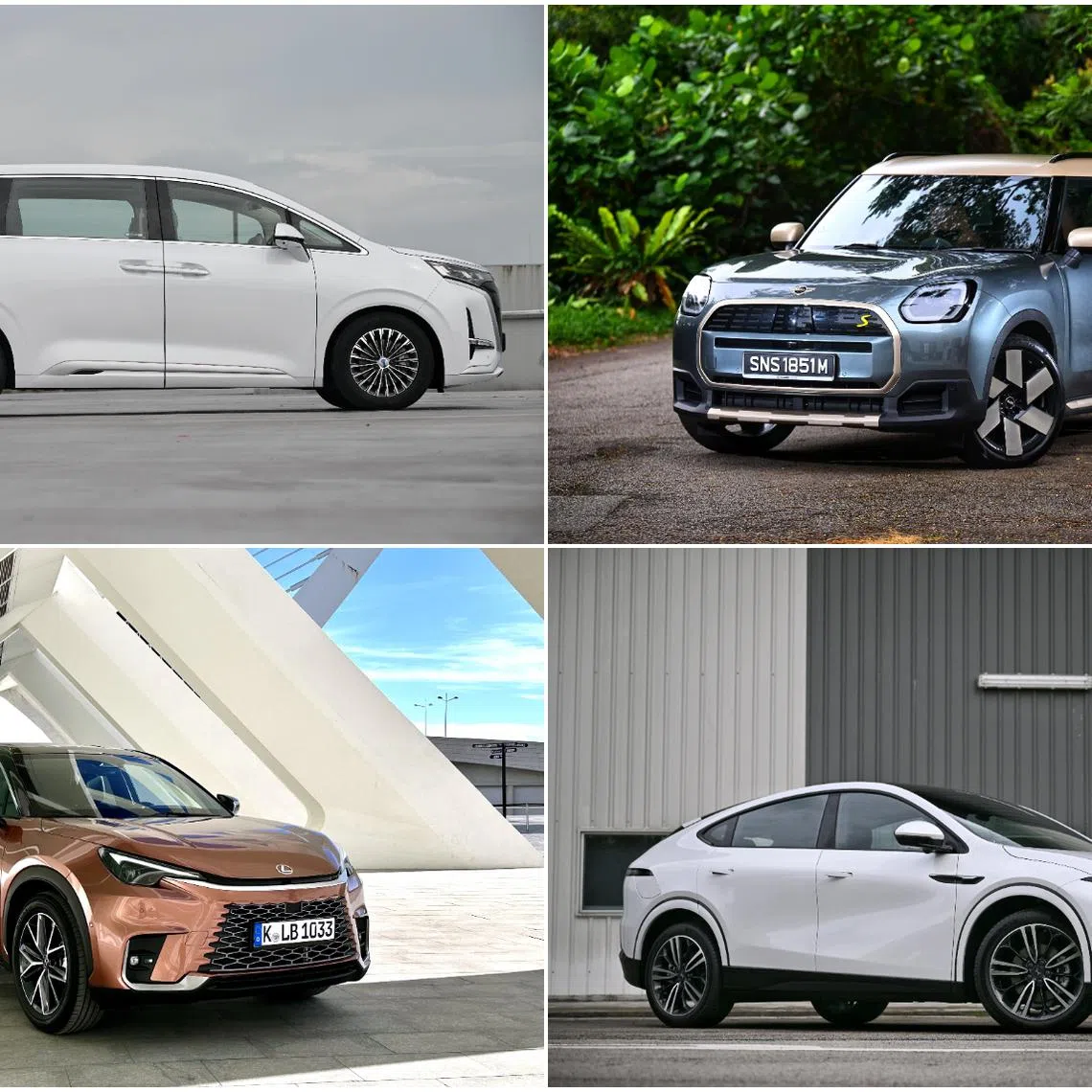 (Clockwise from top left) The Denza D9, Mini Countryman Electric, Xpeng G6 and Lexus LBX are among the 10 cars vying for the coveted ST Car of the Year.
