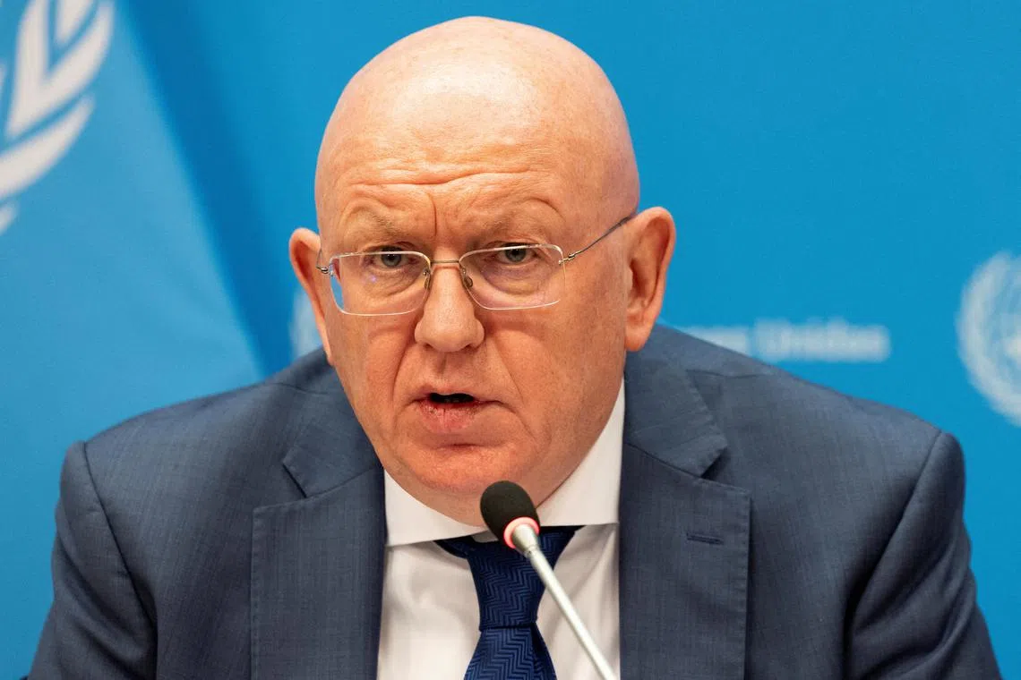 Russia's Ambassador to the United Nations Vassily Nebenzia speaks during a press conference upon Russia assuming the role of President of the U.N. Security Council for the month of July, at the U.N. headquarters in New York City, U.S., July 1, 2024. REUTERS/Caitlin Ochs