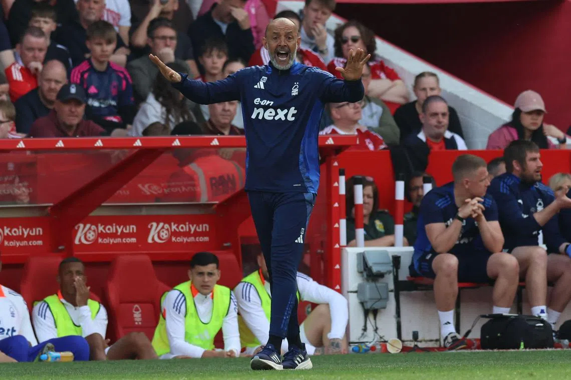 Nottingham Forest's Portuguese manager Nuno Espirito Santo gesturing on the touchline during the 1-0 English Premier League defeat by Everton at The City Ground in Nottingham, on April 12, 2025.