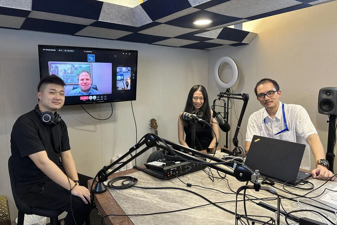 ljpodcast18 - (From left to right) ST Crime Correspondent David Sun, Mr Brian Bruce,  Global Anti Scam Organization's chief operations officer (joining virtually) , ST reporter Jessie Lim and ST deputy news editor Andre Yeo