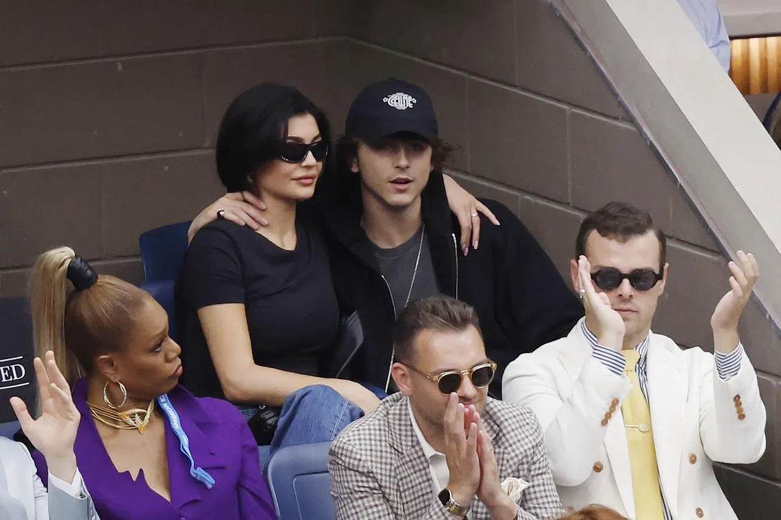 American socialite Kylie Jenner and American-French actor Timothée Chalamet look on during the Men's Singles Final match between Novak Djokovic of Serbia and Daniil Medvedev of Russia on Day Fourteen of the 2023 US Open at the USTA Billie Jean King National Tennis Center on Sept 10, 2023 in the Flushing neighborhood of the Queens borough of New York City.   
