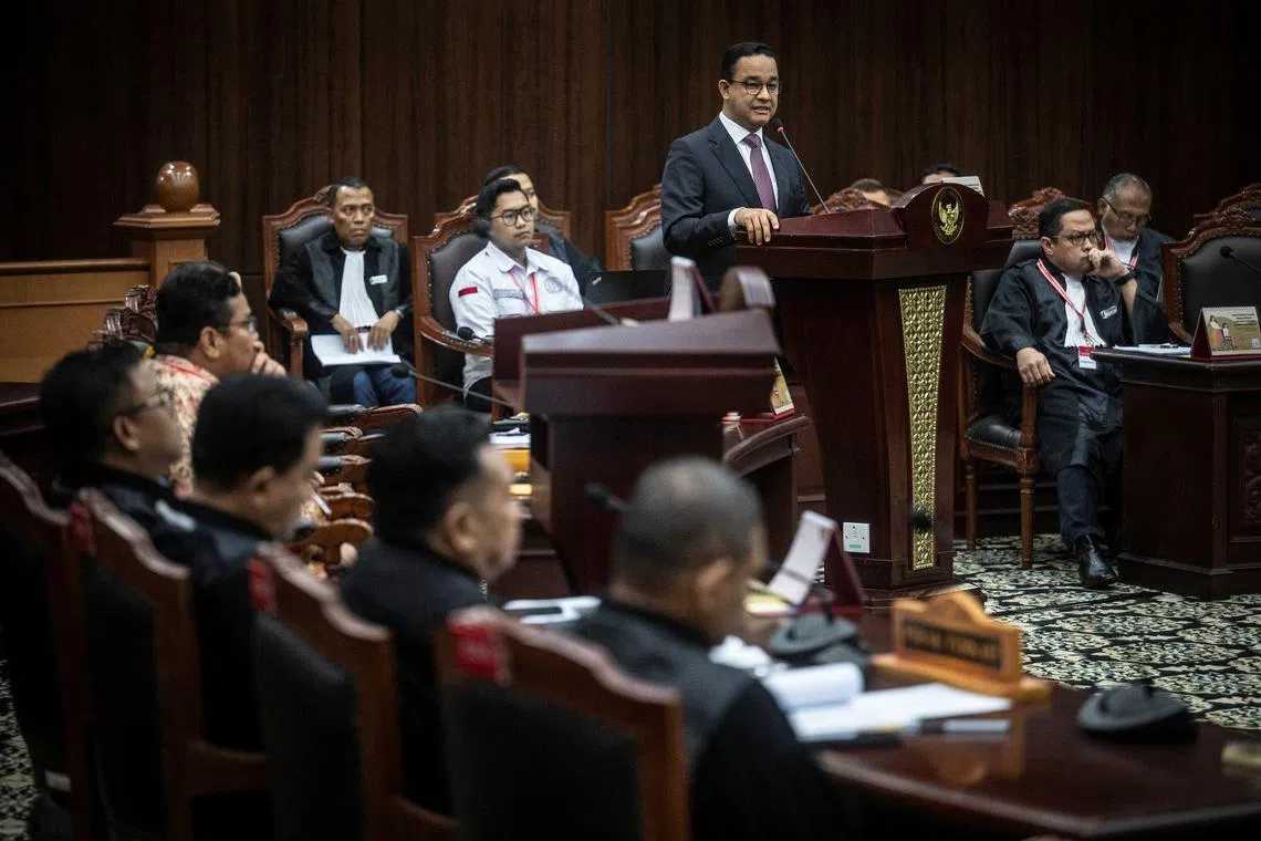 Presidential candidate Anies Baswedan speaks while challenging the election result at Indonesia's constitutional court in Jakarta, Indonesia, March 27, 2024, in this photo taken by Antara Foto. Antara Foto/Aprillio Akbar/via REUTERS