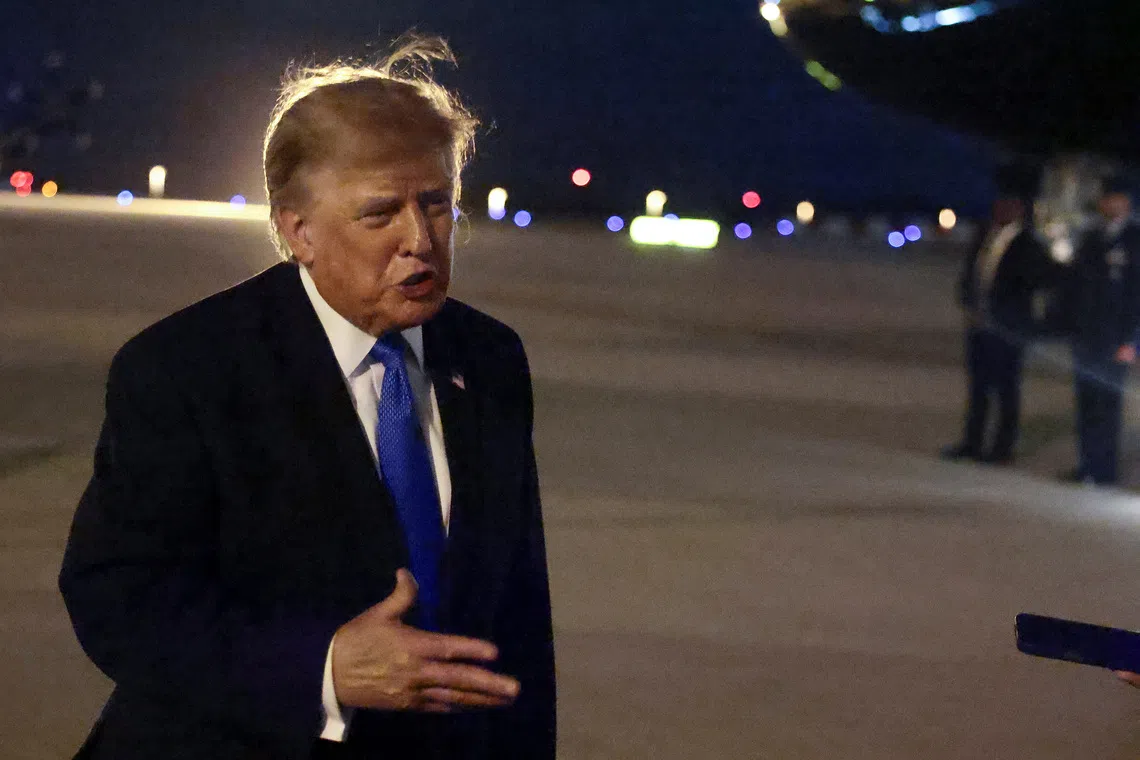 U.S. President Donald Trump speaks to the media upon arrival at Los Angeles International Airport before departing Los Angeles for Las Vegas, Nevada, in Los Angeles, California, U.S., August 4, 2026. REUTERS/Evelyn Hockstein