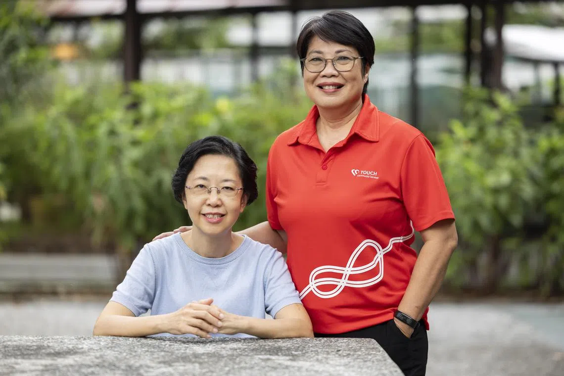 ST20241107_202473600457/thdonee//Brian Teo/Theresa Tan GM/(From Left) Profile of Ms Ng Siew Kueen, 54, trainer at a social service agency, and Ms Julia Lee, 61, group head of Touch Deputies and Donees at Touch Community Services, at the circular garden beside Block 525 Jurong West Street 52 on Nov 7, 2024. Ms Ng hired Ms Lee to be her professional donee. This allows Ms Lee to make decisions on Ms Ng's healthcare and finances in the event that she becomes mentally incapacitated. Ms Ng is part of a wider trend of Singaporeans hiring professionals to act on their behalf should they lose mental capacity. ST PHOTO: BRIAN TEO