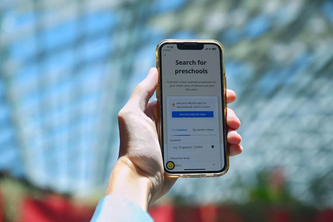 The interface of the government mobile app LifeSG allows parents of preschoolers to locate preschools more easily with a new search feature that will allow them to shortlist centres within 2 km of their homes.