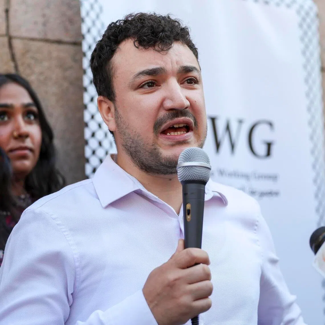 Pro-Palestinian activist Mahmoud Khalil speaking at a press conference outside Columbia University on Sept 14.