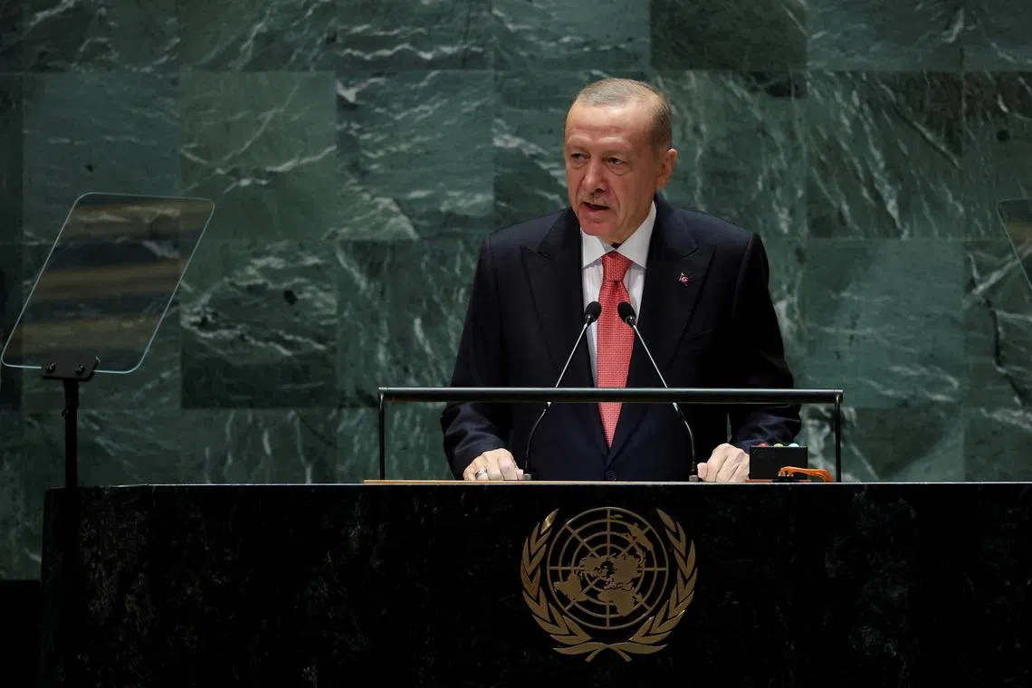 FILE PHOTO: Turkey's President Tayyip Erdogan addresses the 79th United Nations General Assembly at U.N. headquarters in New York, U.S., September 24, 2024.  REUTERS/Mike Segar/File Photo