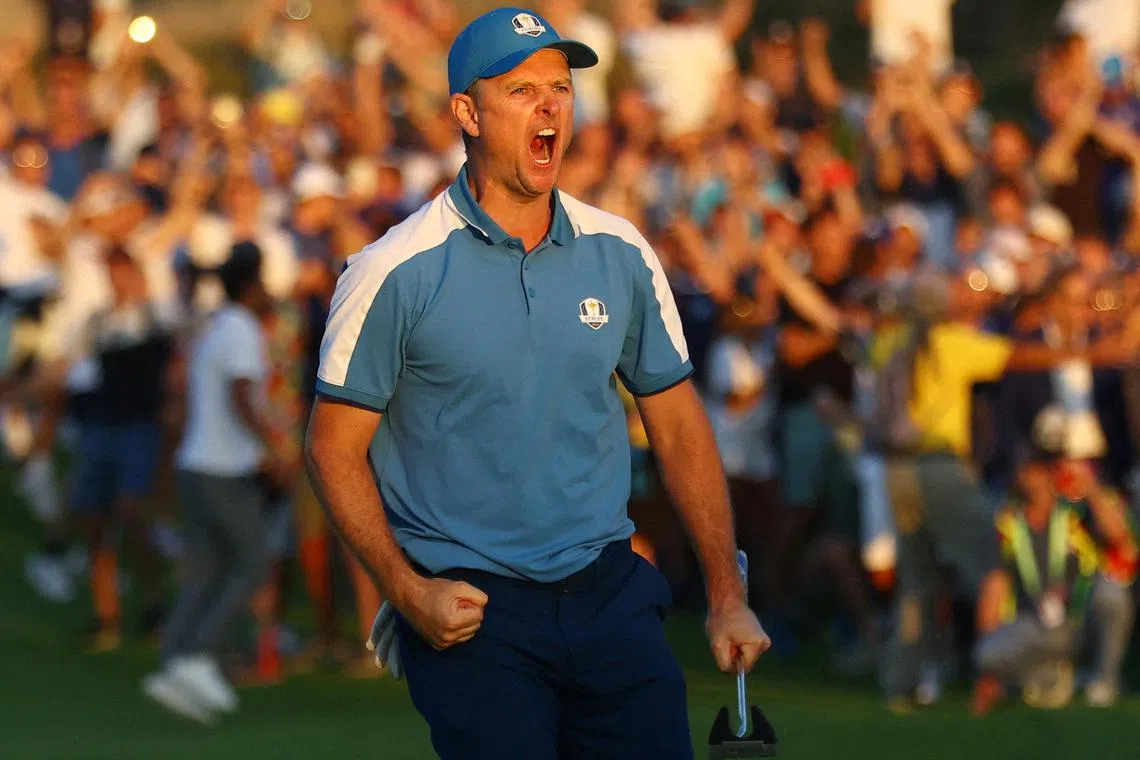 Golf - The 2023 Ryder Cup - Marco Simone Golf & Country Club, Rome, Italy - September 29, 2023
Team Europe's Justin Rose celebrates after holing his putt on the 18th hole to win the hole and halve the match during the Four-Balls REUTERS/Carl Recine     TPX IMAGES OF THE DAY     