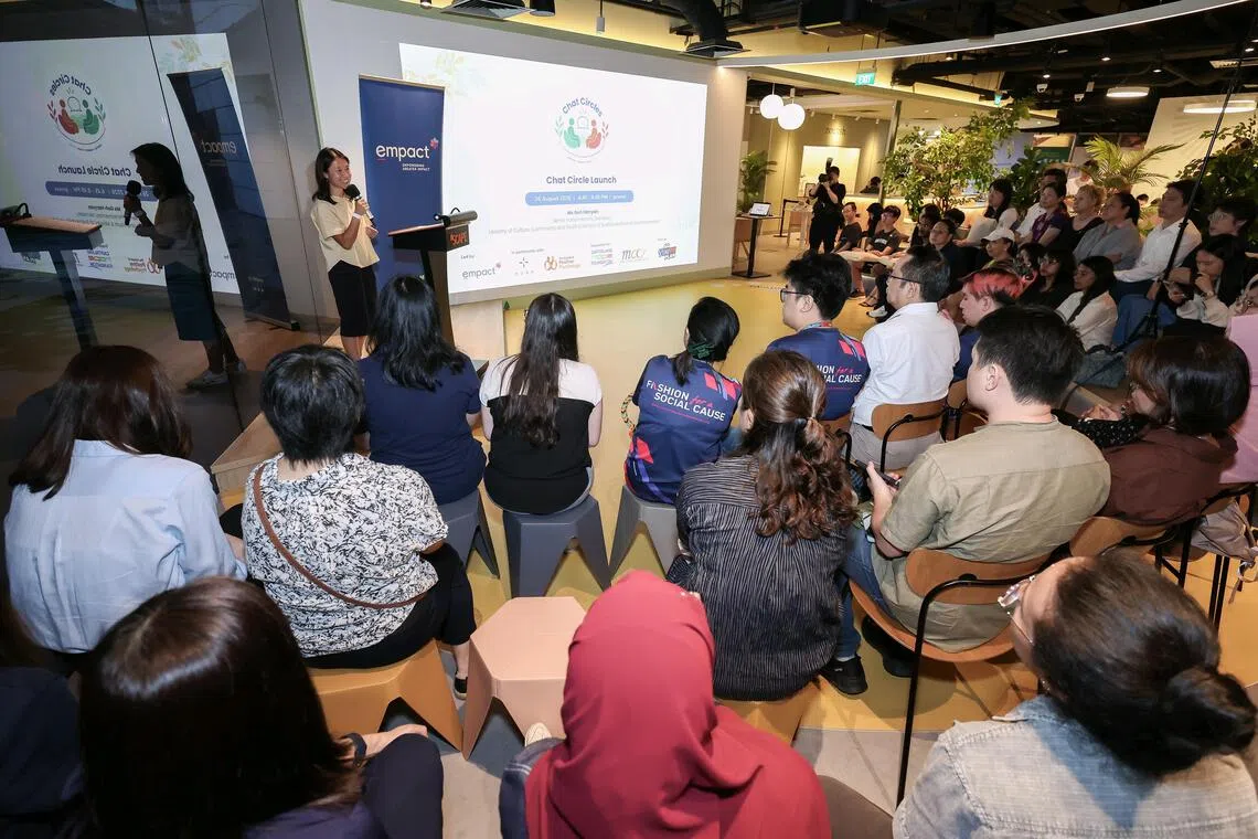 Senior Parliamentary Secretary for Culture, Community and Youth Goh Hanyan speaking at the launch of Chat Circles at grovve, a youth wellness space at *Scape, on Aug 26.