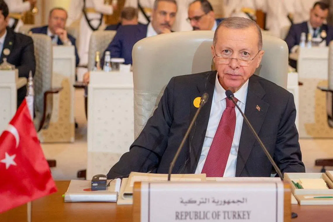 FILE PHOTO: Turkey's President Tayyip Erdogan attends Organisation of Islamic Cooperation (OIC) summit in Riyadh, Saudi Arabia, November, 11, 2023. Saudi Press Agency/Handout via REUTERS ATTENTION EDITORS - THIS PICTURE WAS PROVIDED BY A THIRD PARTY/File Photo