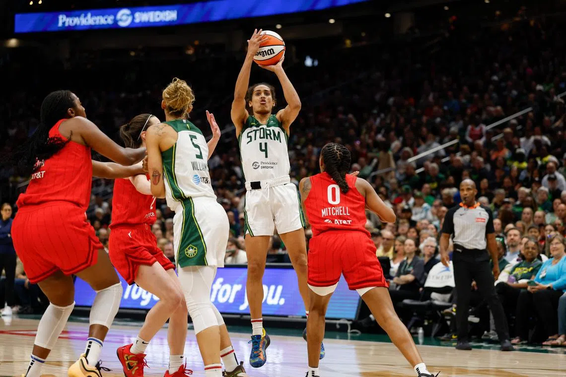 Skylar Diggins of the Seattle Storm shoots in the second quarter against the Indiana Fever at Climate Pledge Arena on June 24, 2025.