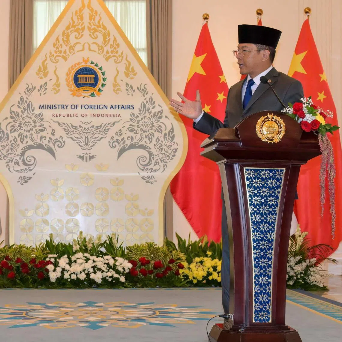 Indonesian Foreign Minister Sugiono (right) and Chinese Foreign Minister Wang Yi attend a press conference after the Comprehensive Strategic Dialogue meeting at the Ministry of Foreign Affairs in Jakarta on Aug 21.