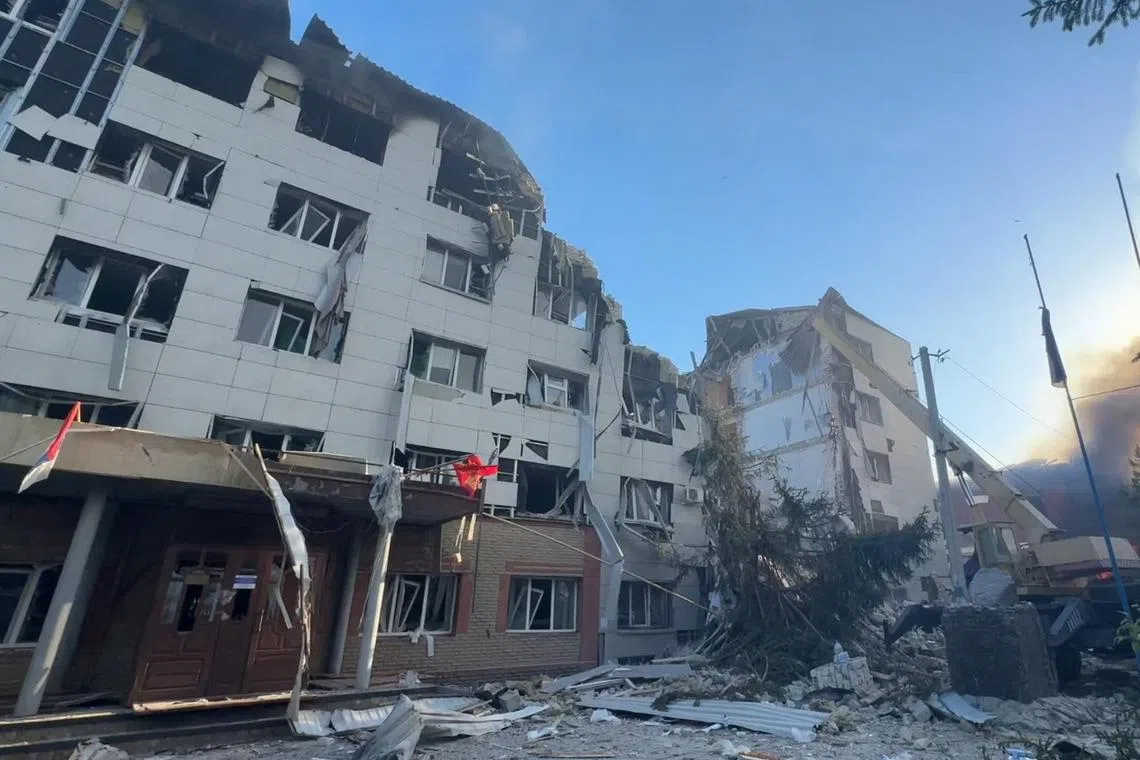 A destroyed dormitory building in the Luhansk region, a Russian-controlled area of Ukraine, following an overnight attack on May 22.