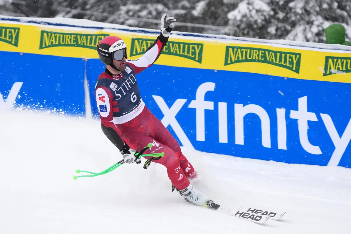 Dec 5, 2025; Beaver Creek, Colorado, UNITED STATES; Vincent Kriechmayr of Austria reacts during the men's Super G alpine skiing race during the FIS World Cup at Birds of Prey.  Mandatory Credit: Michael Madrid-Imagn Images