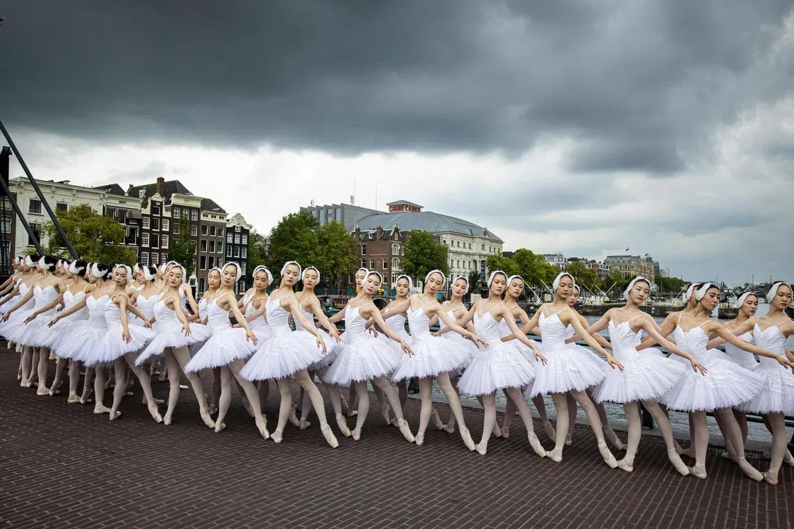 Ballerinas posing on Magere Brug bridge over the Amstel river in Amsterdam, on August 29, 23023. Forty eight dancers from China will return after six years to perform as the largest Swan Lake in the world at the Royal Theatre Carre in Amsterdam from August 30, 2023. 