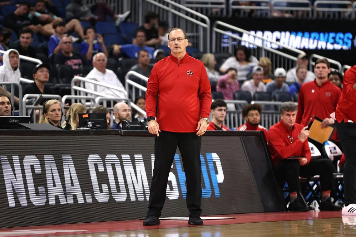 Mar 16, 2023; Orlando, FL, USA; Louisiana Ragin Cajuns head coach Bob Marlin looks on during the second half against the Tennessee Volunteers at Amway Center. Matt Pendleton-USA TODAY Sports/File Photo