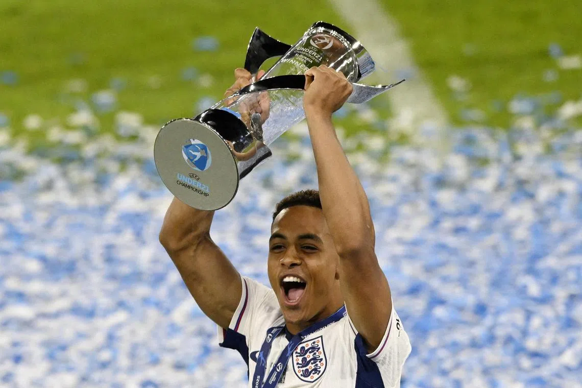 England's Omari Hutchinson celebrating with the trophy after winning the European Under-21 Championship final against Germany at Tehelne pole in Bratislava, Slovakia, on June 28, 2025.