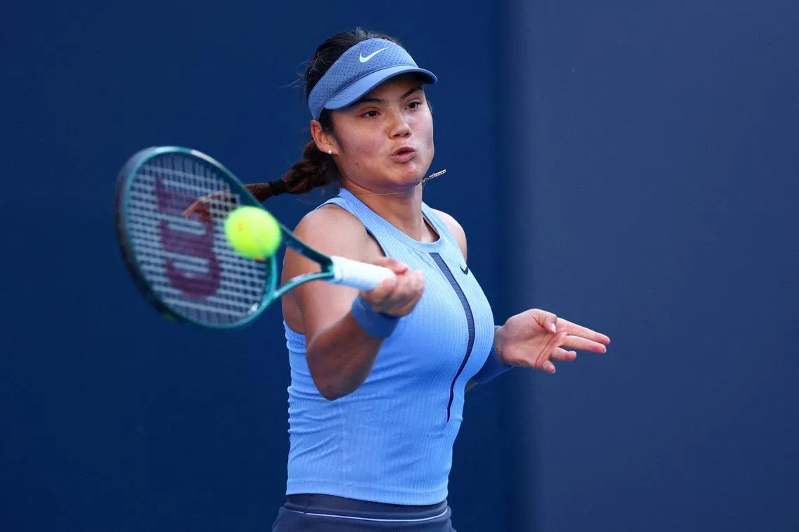 Tennis - China Open - The Beijing Olympic Green Tennis Center, Beijing, China - September 29, 2025 Britain's Emma Raducanu in action during her round of 32 match against Jessica Pegula of the U.S. REUTERS/Tingshu Wang