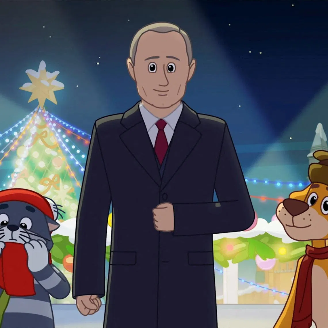 Residents of Prostokvashino are stunned when the animated version of Putin, flanked by Sharik the dog and Matroskin the cat, greets Russians at the turn of the year.
