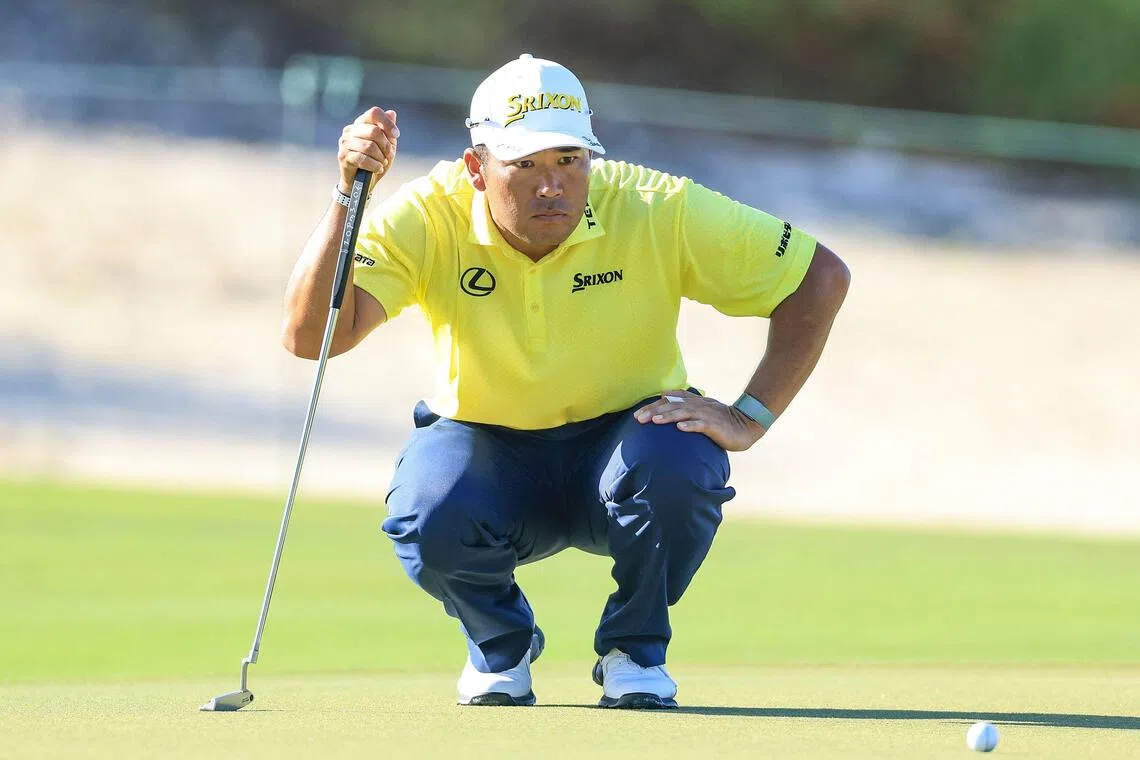 Winner Hideki Matsuyama of Japan lining up a putt on the 12th hole during the final round of the Hero World Challenge 2025 at Albany Golf Course on Dec 07, 2025 in Nassau, Bahamas. He beat Sweden's Alex Noren in a one-hole play-off after they finished level on  22-under 266.