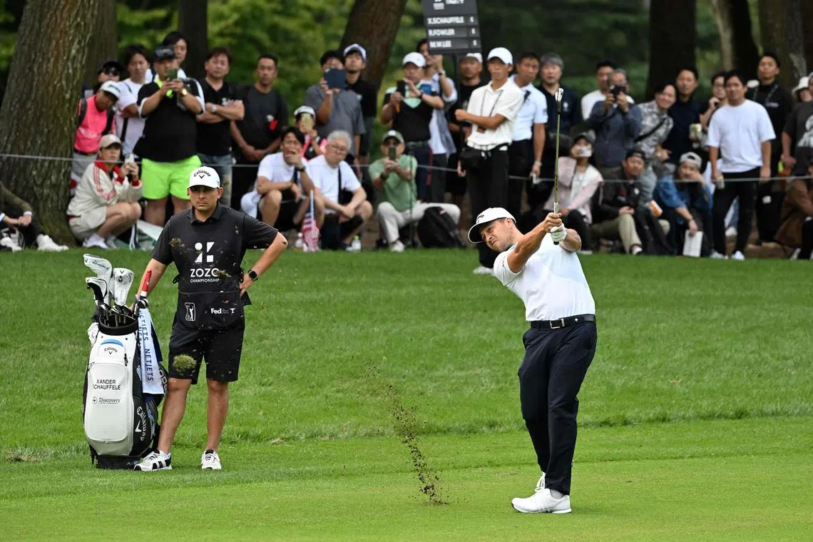 Xander Schauffele hits the second shot on the first hole during the first round of the Zozo Championship.
